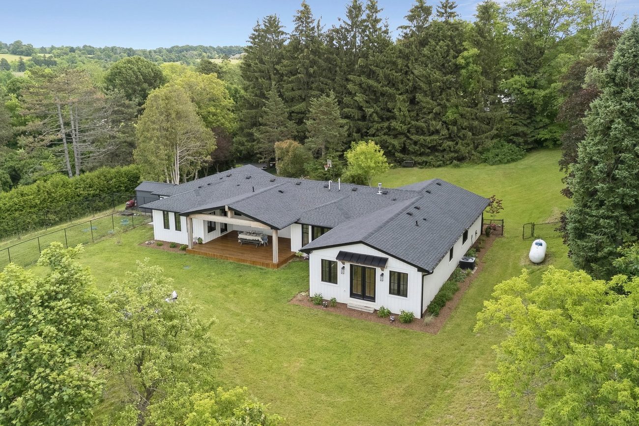 Aerial of the home set on its private acre